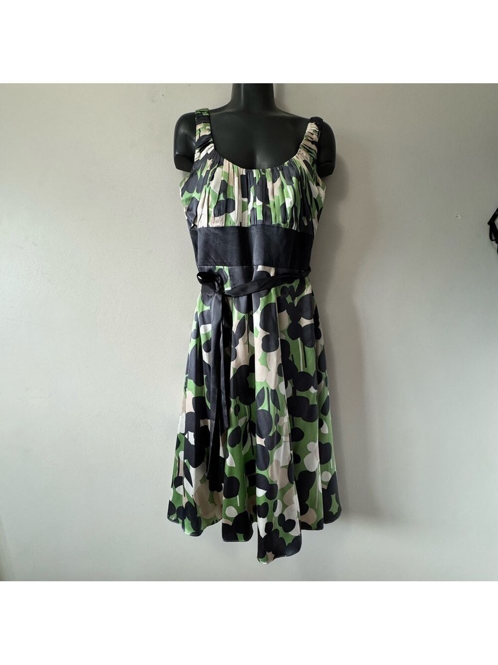 Monsoon Vintage  Black Green Scoop Neck Midi Dress Silk size 6